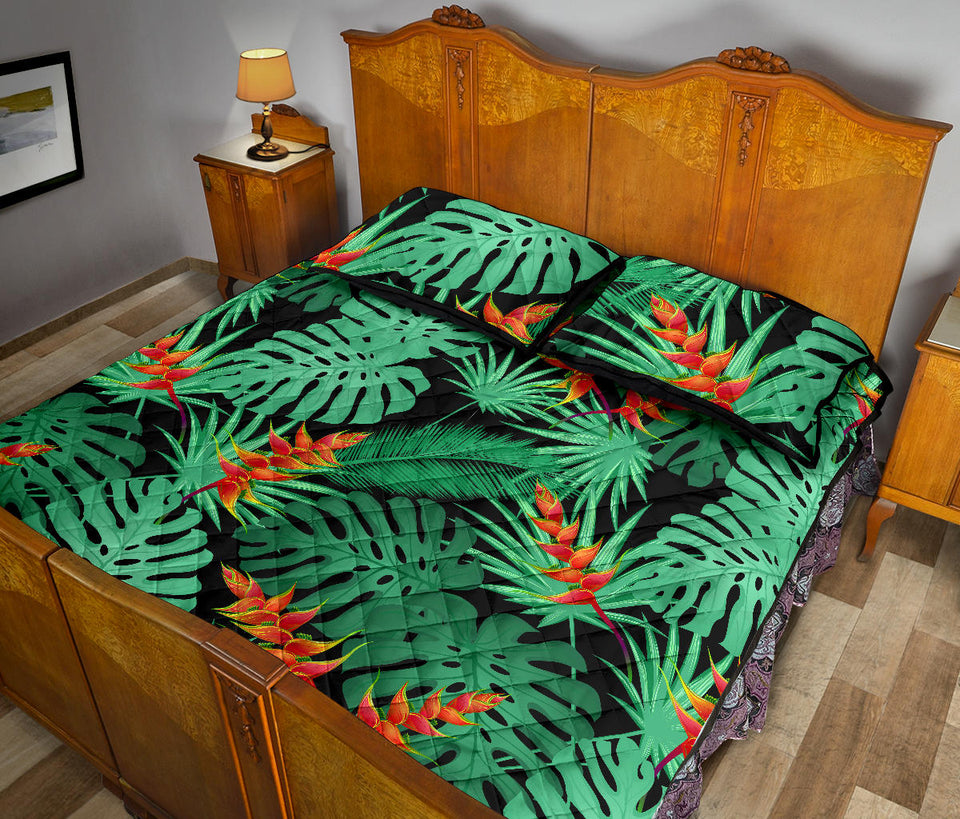 heliconia flower palm monstera leaves black background Quilt Bed Set