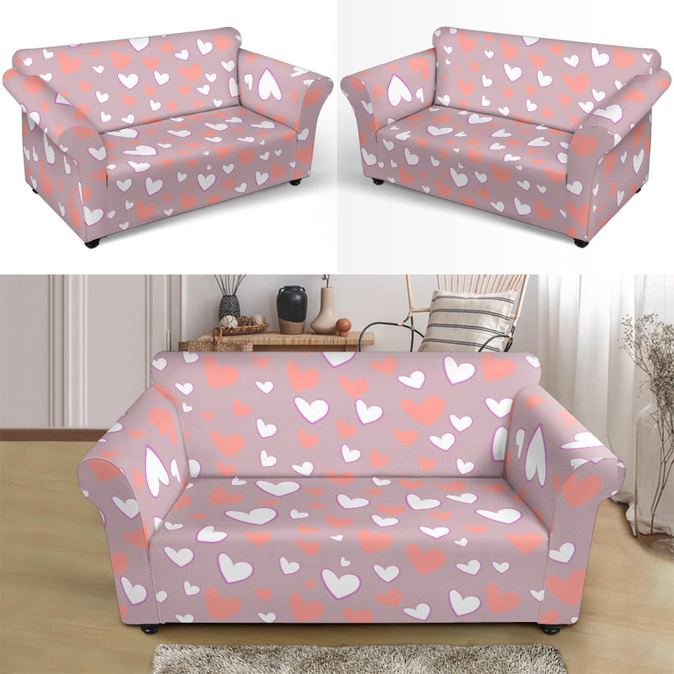 Coral White Heart Pattern Loveseat Couch Slipcover