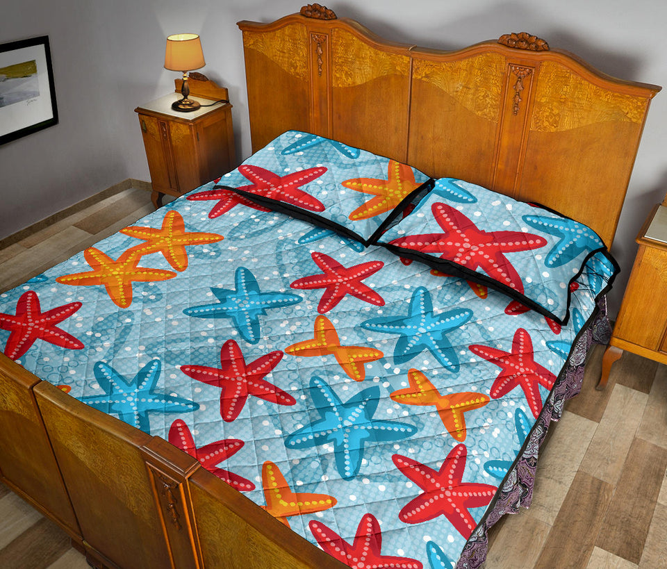 Blue red orange starfish pattern Quilt Bed Set