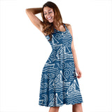 Hand Drawn Sailboat Pattern Sleeveless Midi Dress