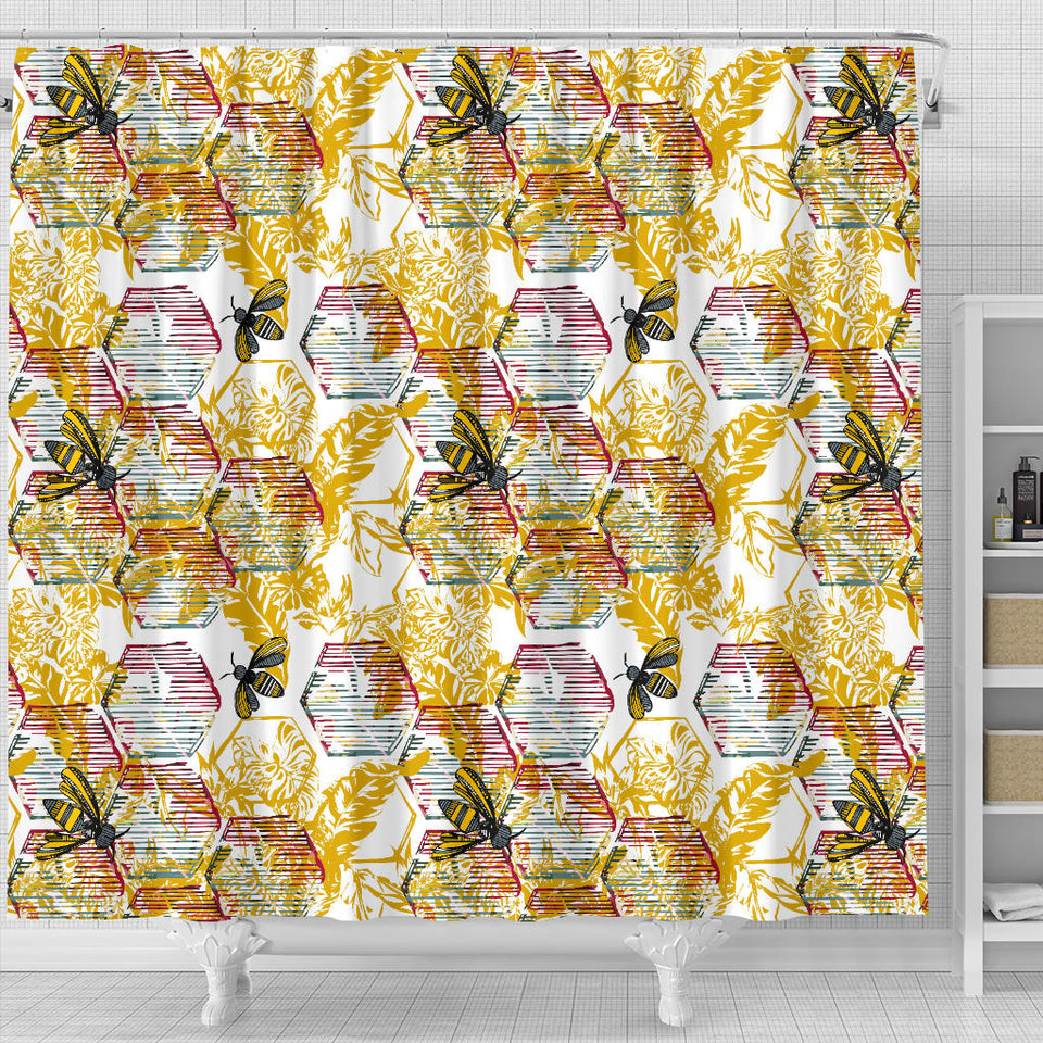 Cool Bee Honeycomb Leaves Pattern Shower Curtain Fulfilled In US