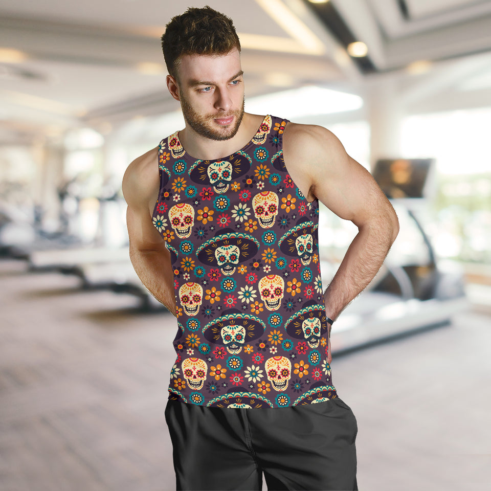 Sugar skulls flower maxican pattern Men Tank Top