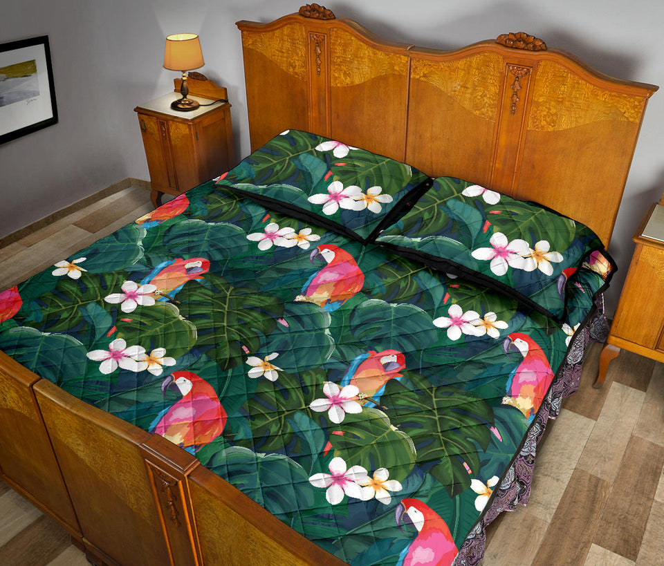 Parrot Palm tree leaves flower hibiscus pattern Quilt Bed Set