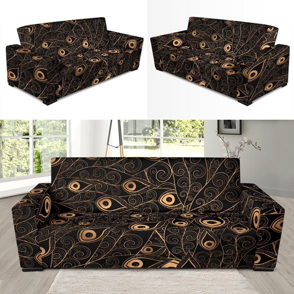 Gold Peacock Feather Pattern Sofa Slipcover