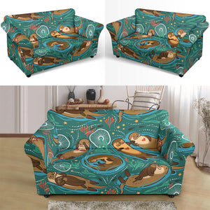 Cute Brown Sea Otters Ornamental Seaweed Corals Green Water Loveseat Couch Slipcover