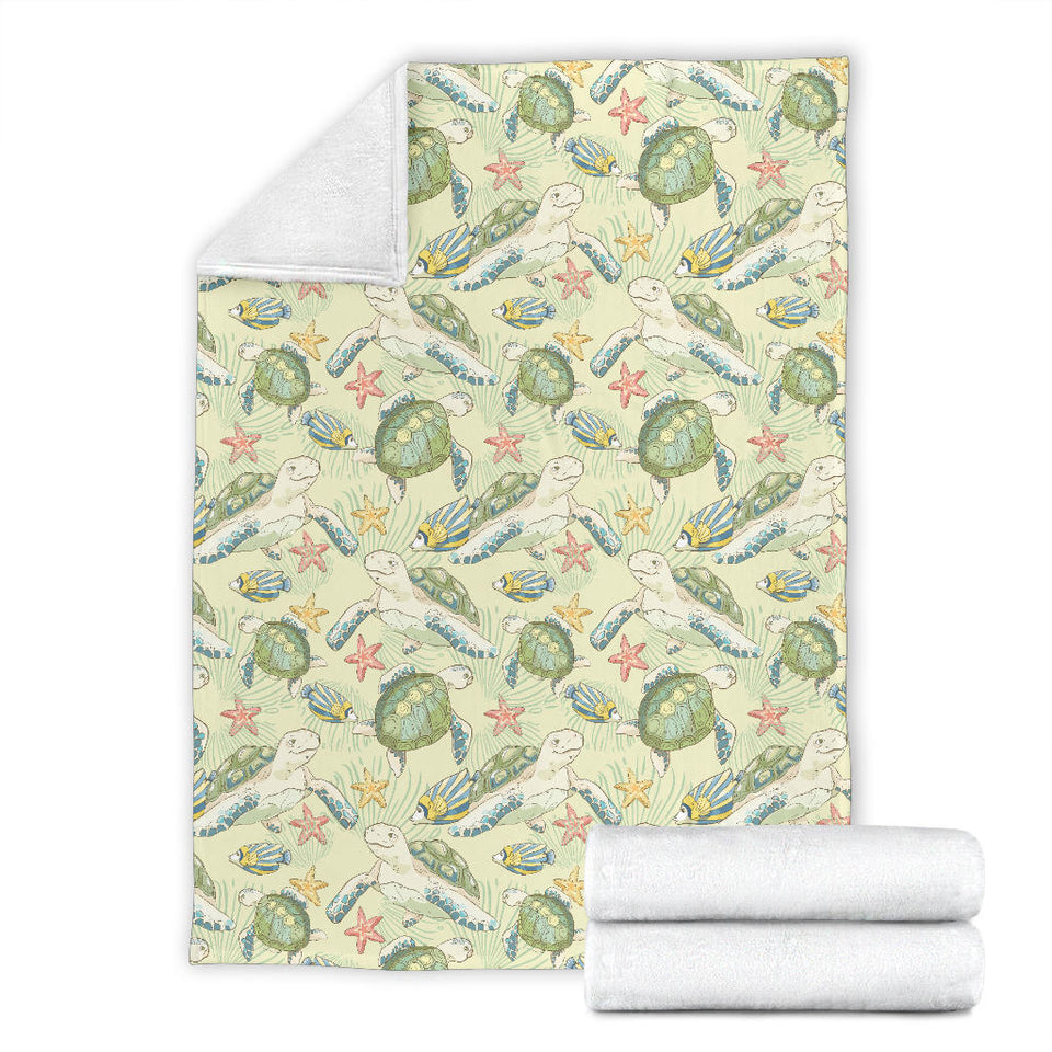 Hand Drawn Sea Turtle Fish Pattern Premium Blanket