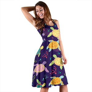 Colorful Sea Turtle Pattern Sleeveless Midi Dress