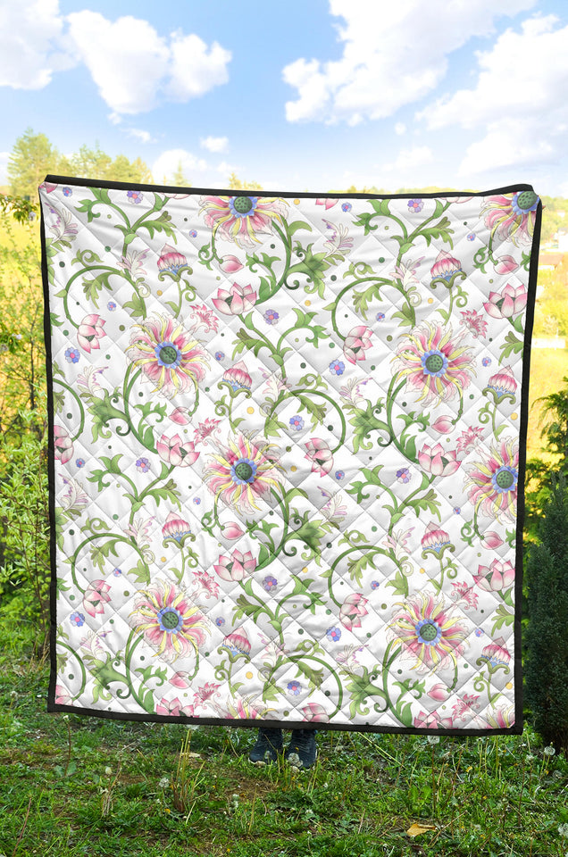 Beautiful Pink Lotus Waterlily Leaves Pattern Premium Quilt