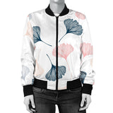 Black Gray Cream Coral Ginkgo Leaves Pattern Women'S Bomber Jacket