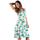 Green Ginkgo Leaves Pattern Sleeveless Midi Dress