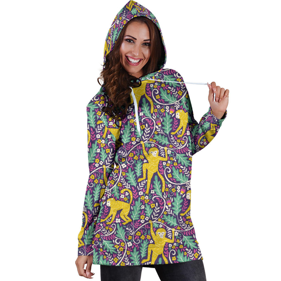 Cute Yellow Monkey Leaves Pattern Women'S Hoodie Dress