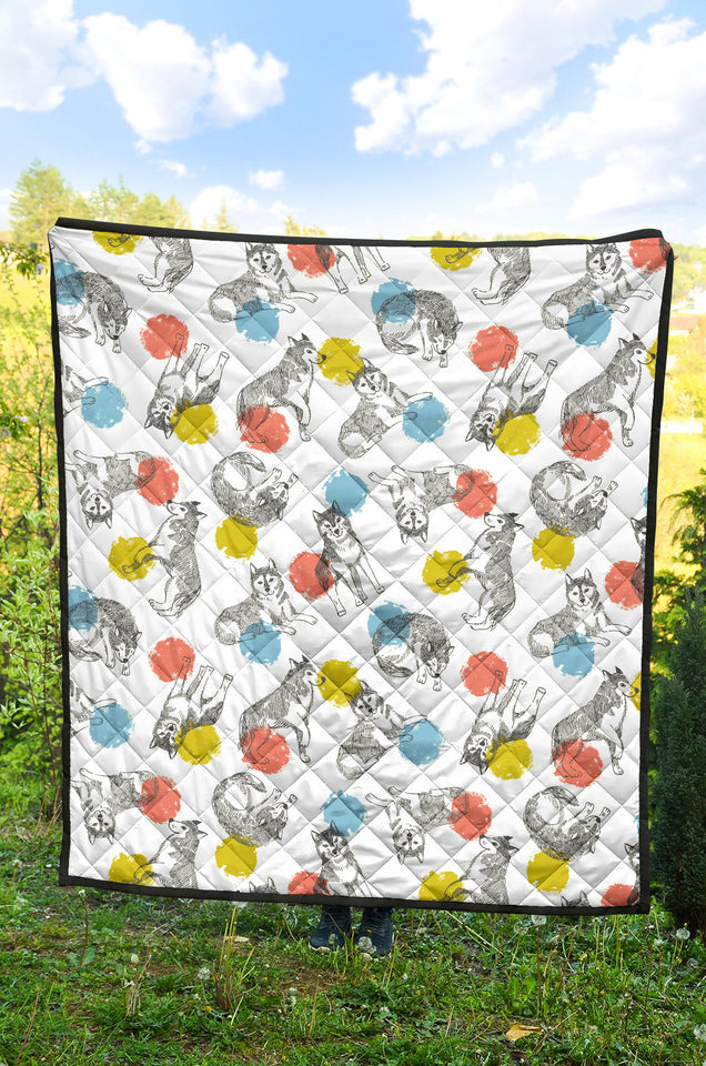 Siberian Husky And Colorful Circle Pattern Premium Quilt