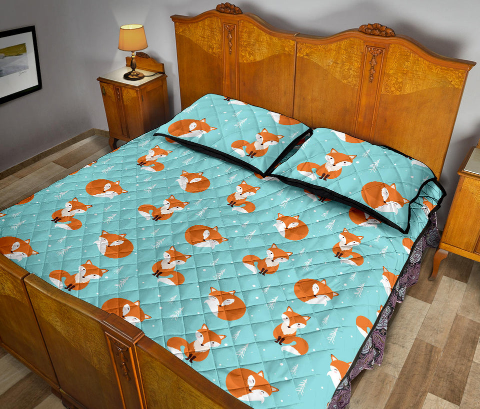 Fox pattern blue b ackground Quilt Bed Set