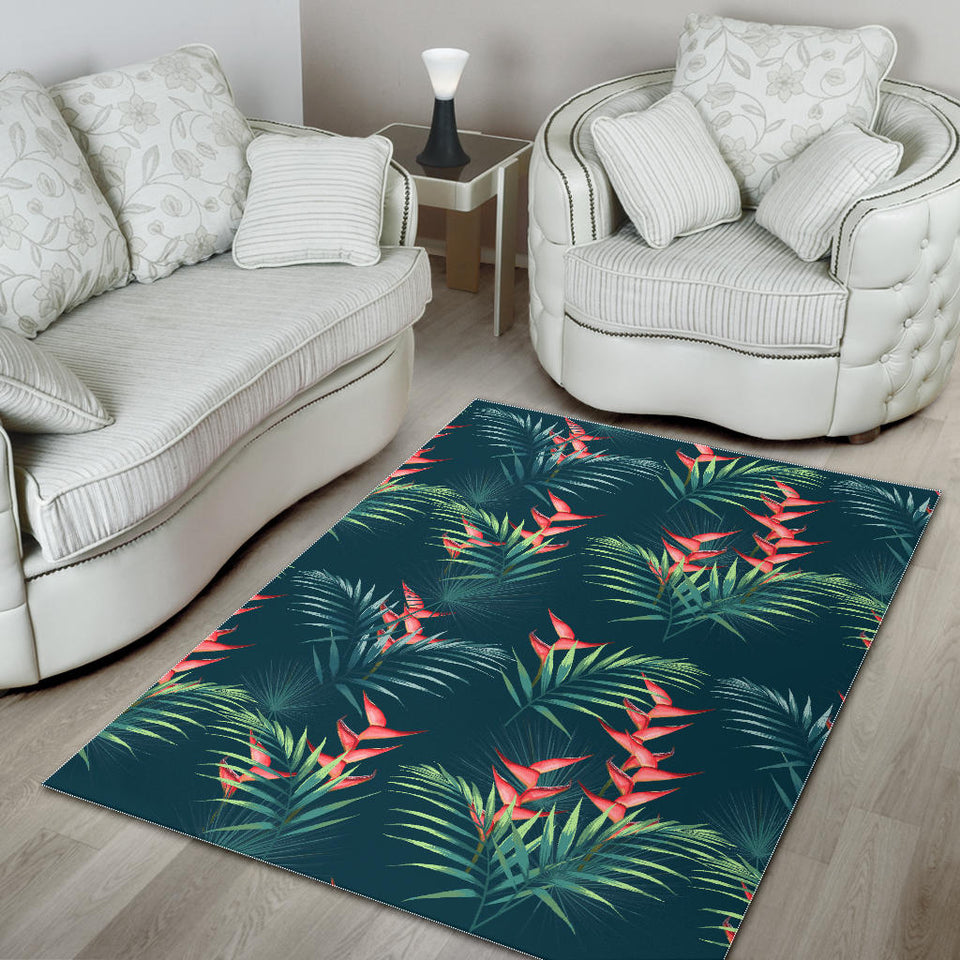 Heliconia Flowers, Palm And Monstera Leaves On Black Background Pattern Area Rug