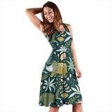 Dinosaurs Tropical Leaves Flower Pattern Sleeveless Midi Dress