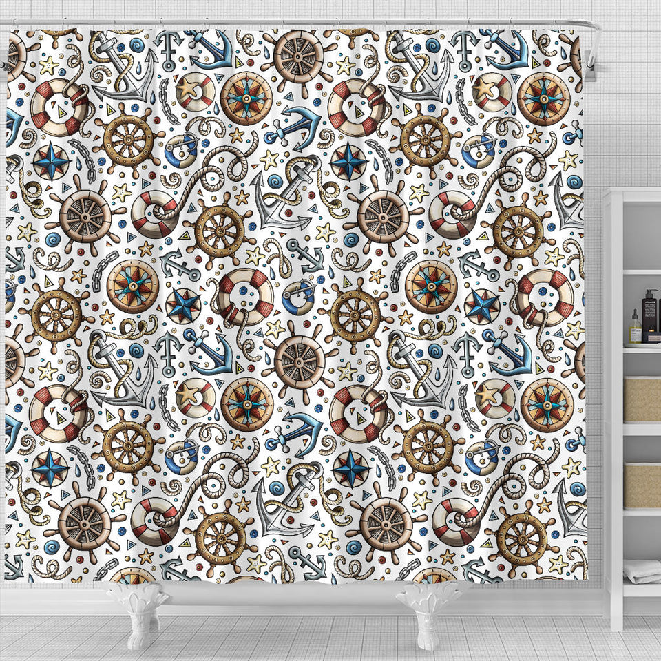 Cute Nautical Steering Wheel Anchor Pattern Shower Curtain Fulfilled In US