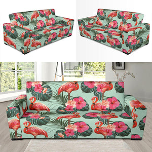 Beautiful Flamingo Tropical Palm Leaves Hibiscus Pateern Background Sofa Slipcover