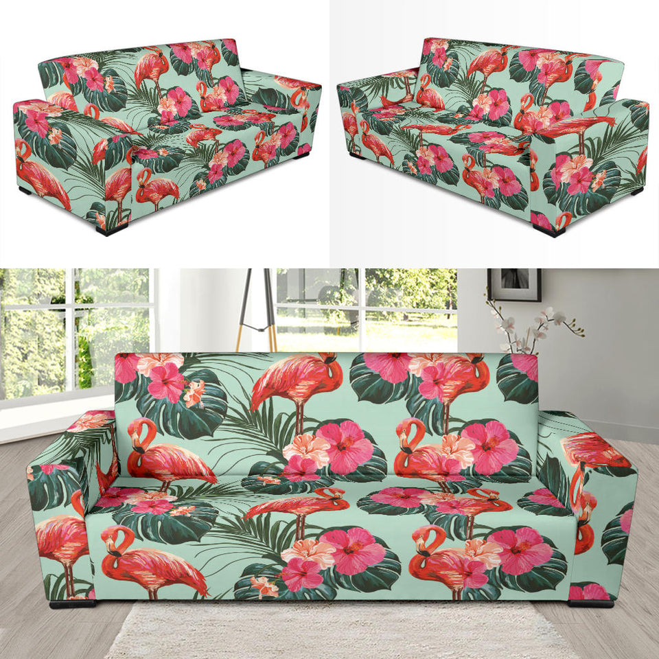 Beautiful Flamingo Tropical Palm Leaves Hibiscus Pateern Background Sofa Slipcover