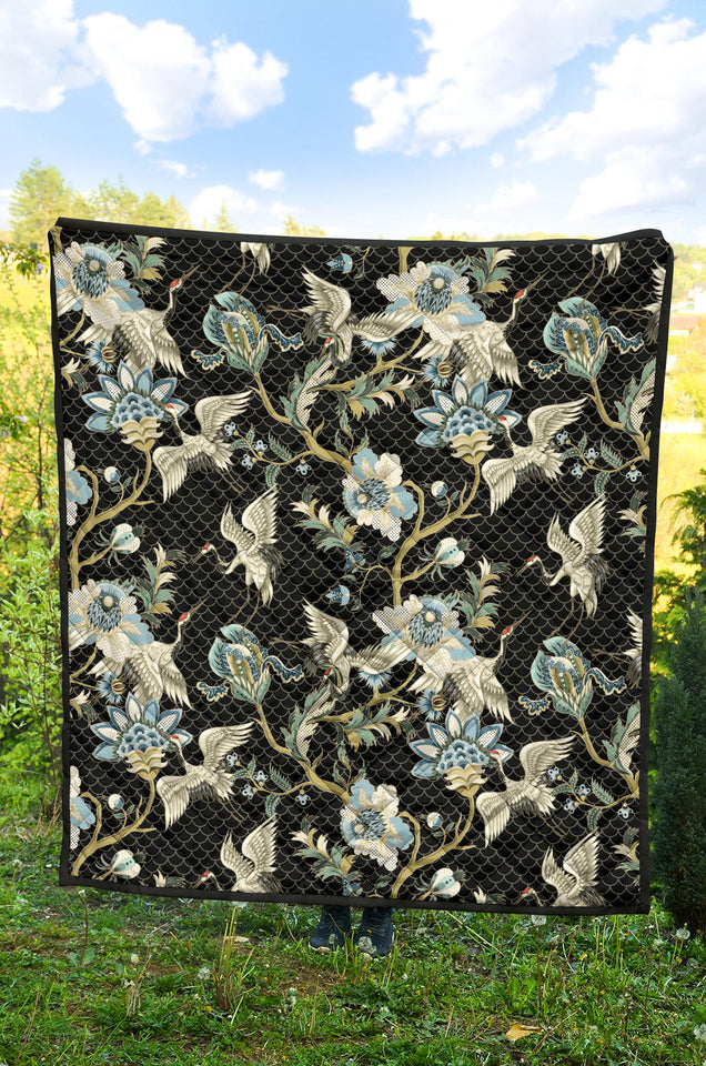 Japanese Crane Ornament Elements Premium Quilt