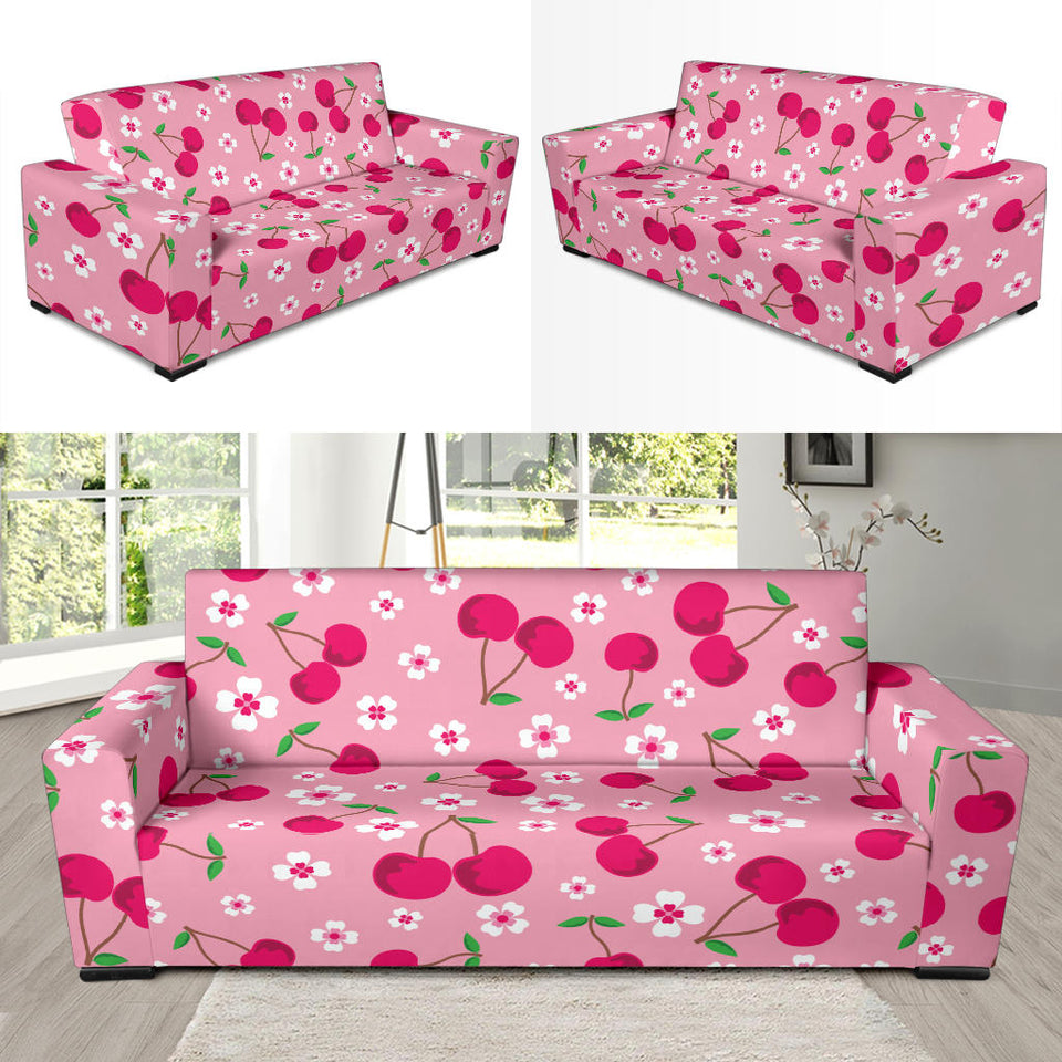 Cherry Flower Pattern Pink Background Sofa Slipcover
