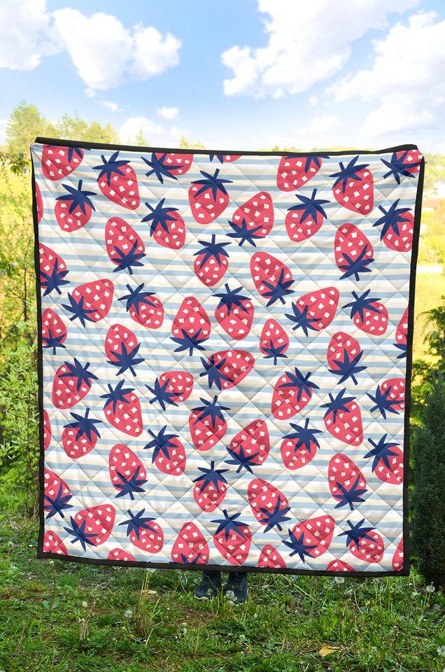 Strawberry Pattern Blue Lines Background Premium Quilt