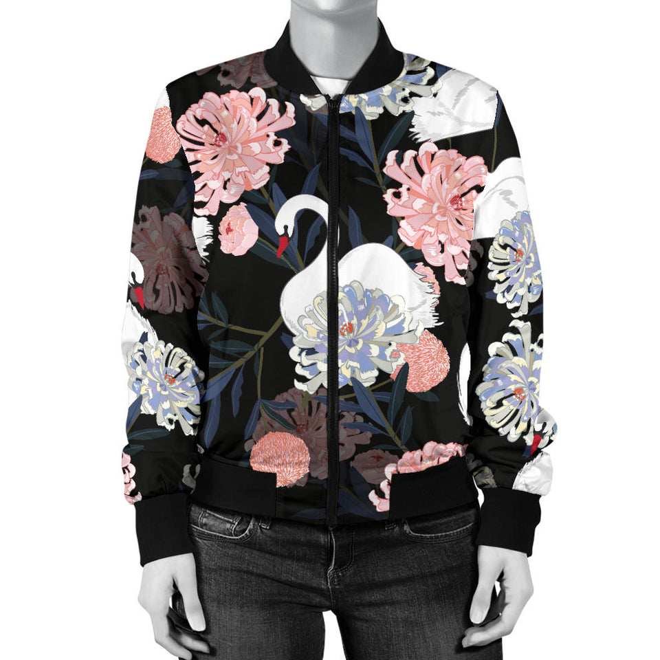 White Swan Blooming Flower Pattern Women'S Bomber Jacket