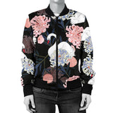 White Swan Blooming Flower Pattern Women'S Bomber Jacket