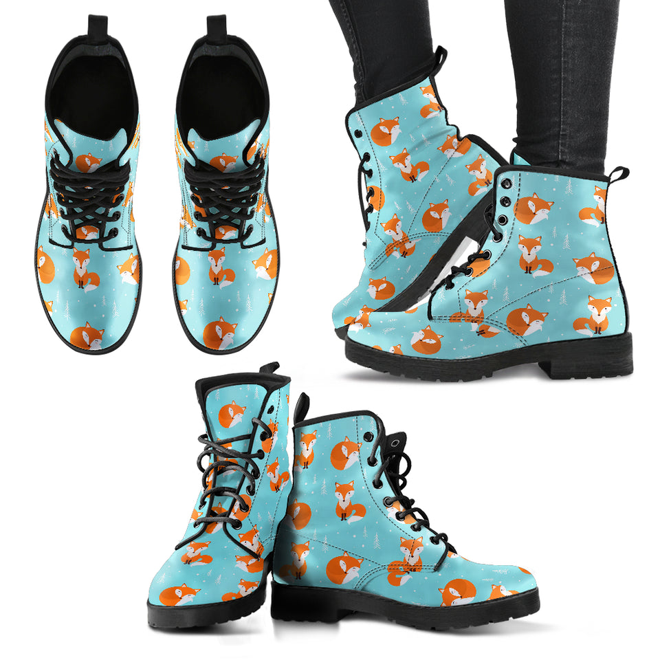 Fox Pattern Blue B Ackground Leather Boots