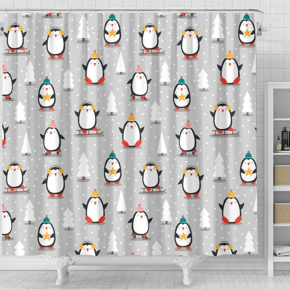 Cute Penguin Christmas Pattern Shower Curtain Fulfilled In US