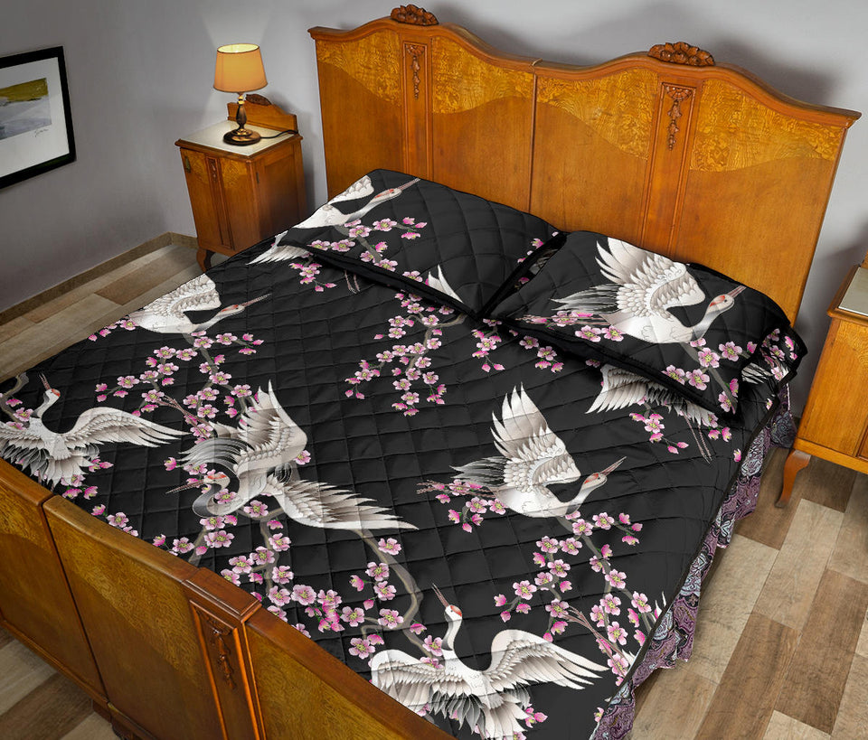 Japanese crane pink sakura pattern Quilt Bed Set