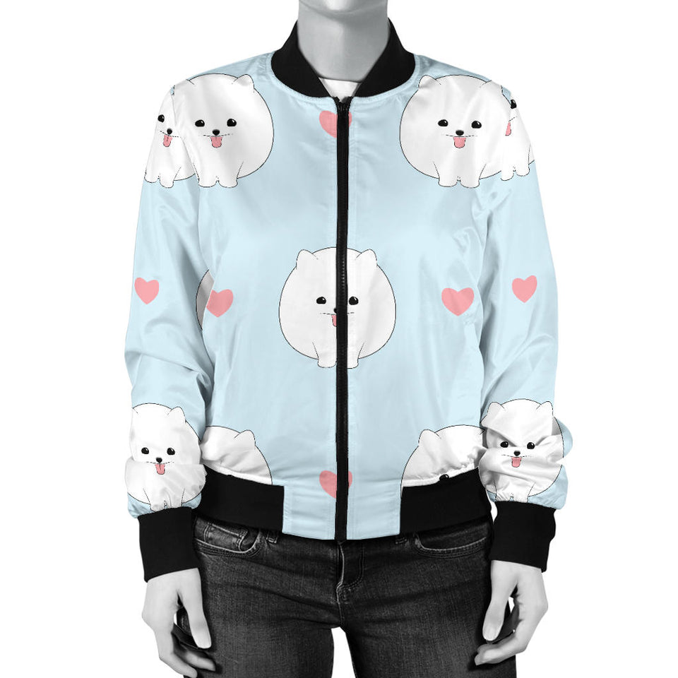 White Cute Pomeranian Pattern Women'S Bomber Jacket