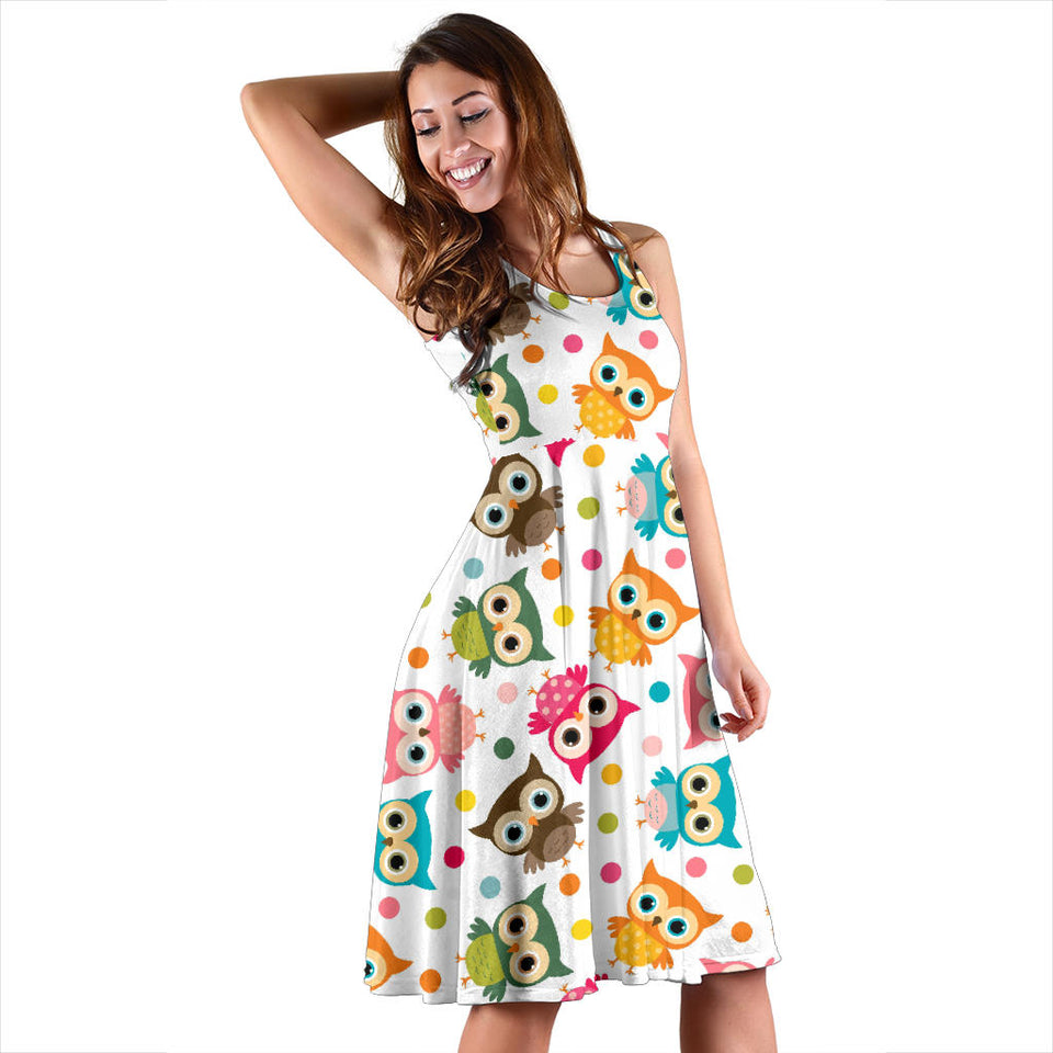 Color Cute Owl Pattern Sleeveless Midi Dress