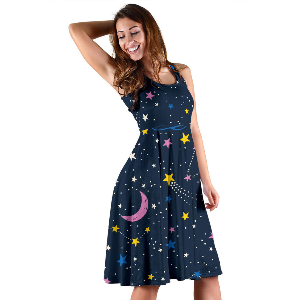Space Pattern With Planets, Comets, Constellations And Stars Sleeveless Midi Dress