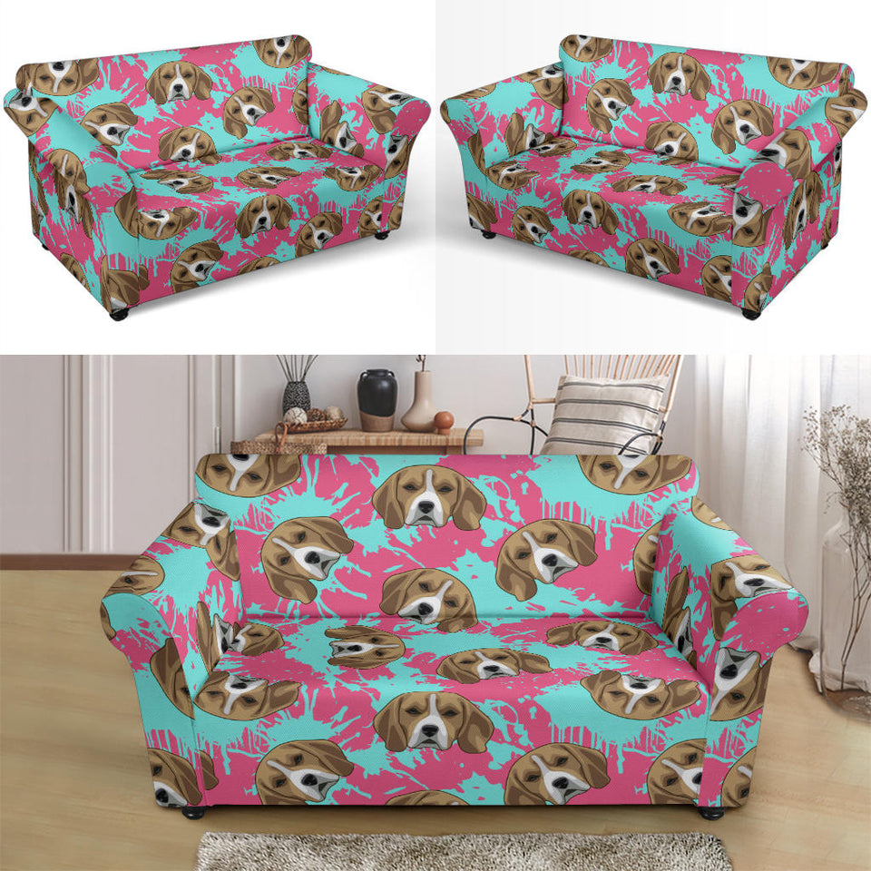 Beagle Muzzles Turquoise Paint Splashes Pink Pattern Loveseat Couch Slipcover