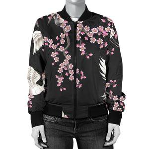 Japanese Crane Pink Sakura Pattern Women'S Bomber Jacket