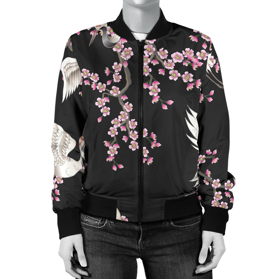Japanese Crane Pink Sakura Pattern Women'S Bomber Jacket