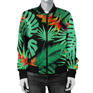 Heliconia Flower Palm Monstera Leaves Black Background Women'S Bomber Jacket