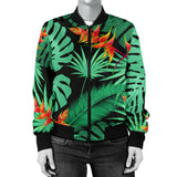 Heliconia Flower Palm Monstera Leaves Black Background Women'S Bomber Jacket