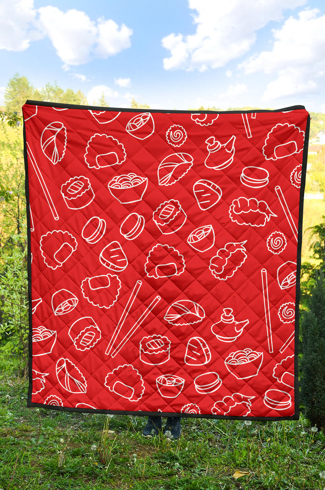 Sushi Pattern Red Background Premium Quilt