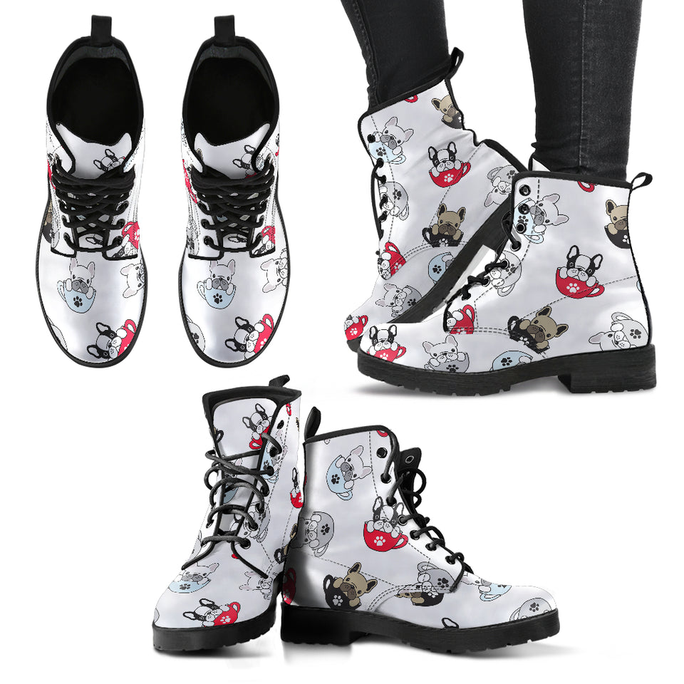 French Bulldog Cup Paw Pattern Leather Boots