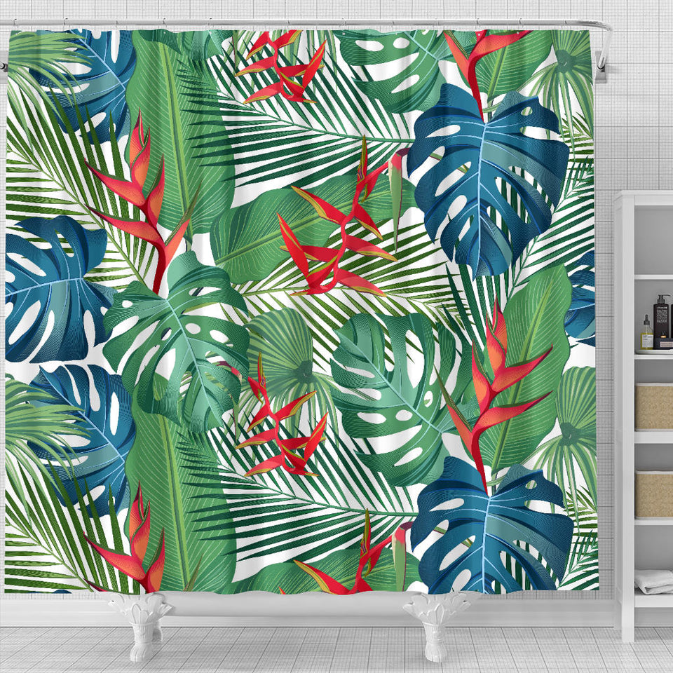 Heliconia Palm And Monstera  Leaves Pattern Shower Curtain Fulfilled In US