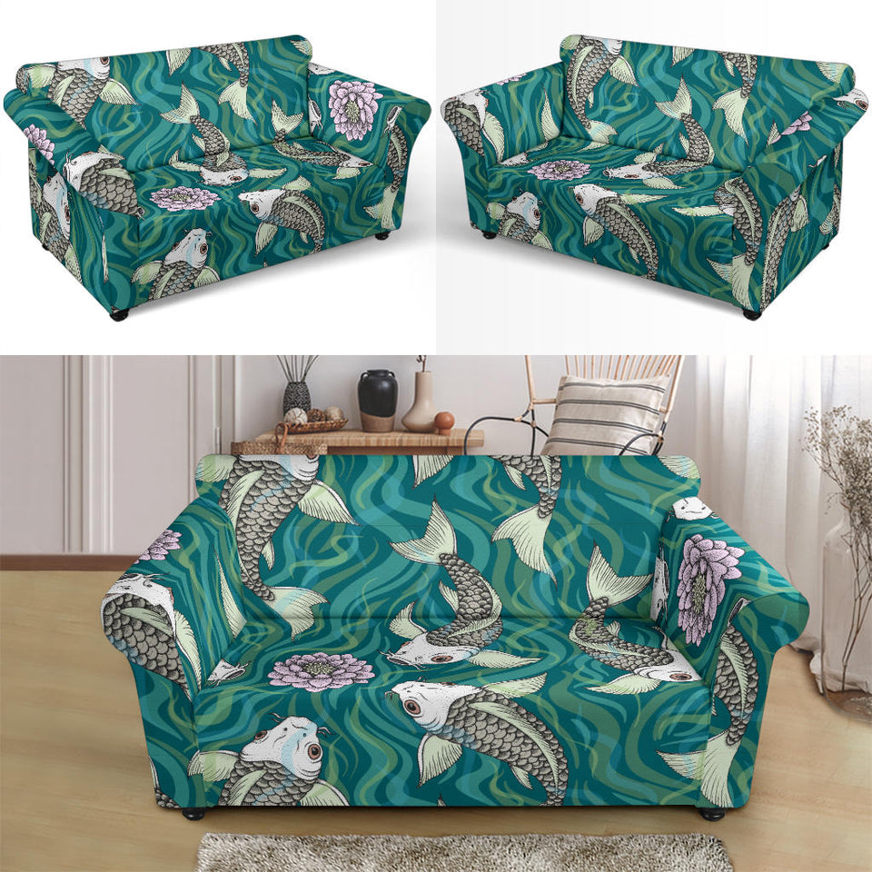 Koi Fish Carp Fish Lotus Pattern Loveseat Couch Slipcover