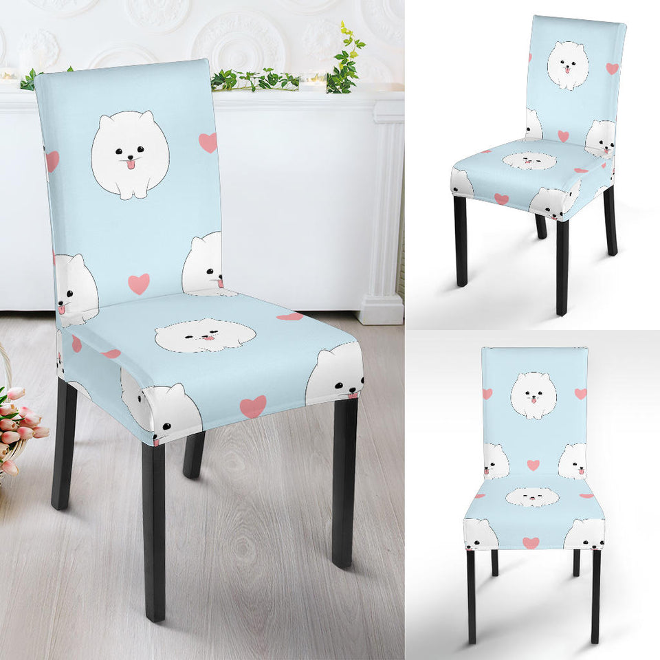 White Cute Pomeranian Pattern Dining Chair Slipcover