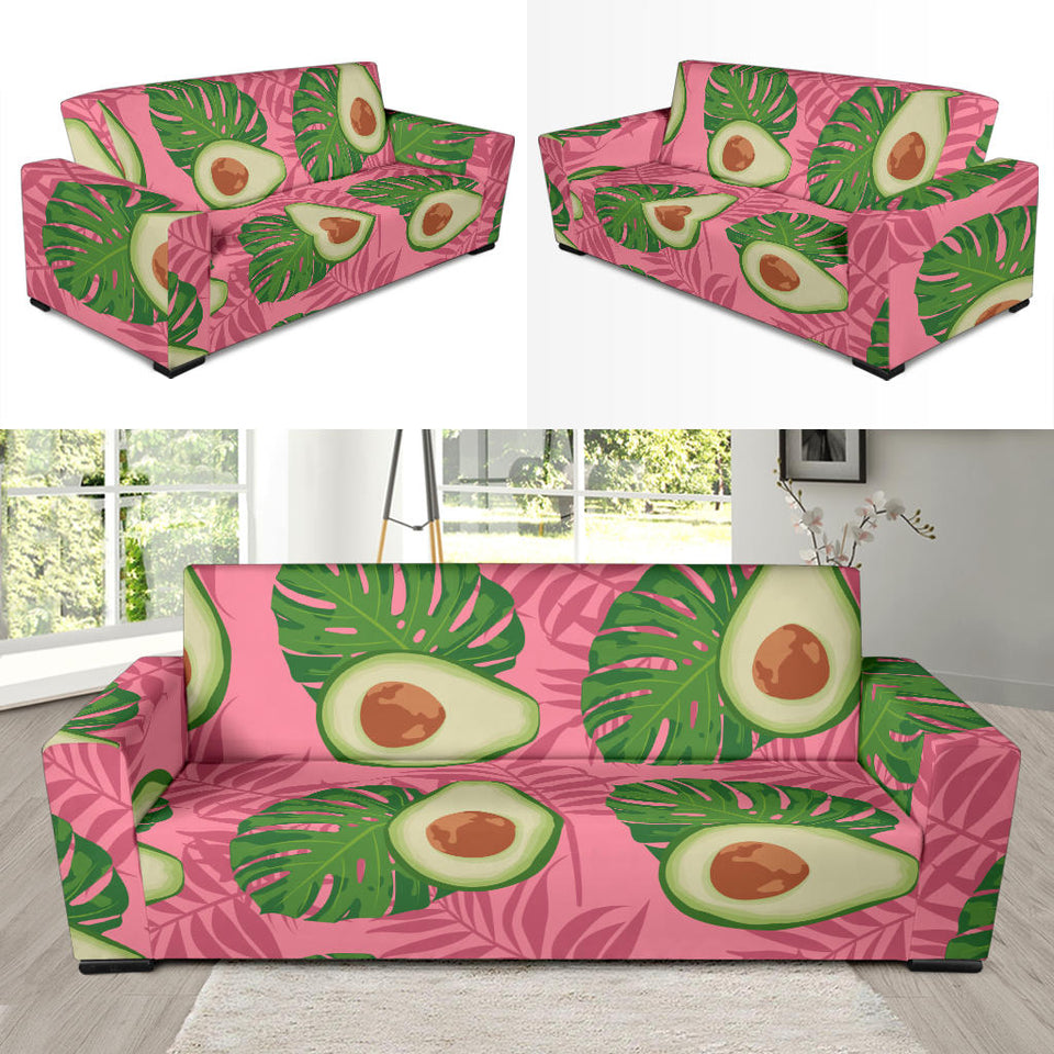 Avocado Slices Leaves Pink Back Ground Sofa Slipcover