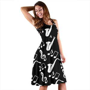 Saxophone Music Notes Treble Clef Black White Theme Sleeveless Midi Dress