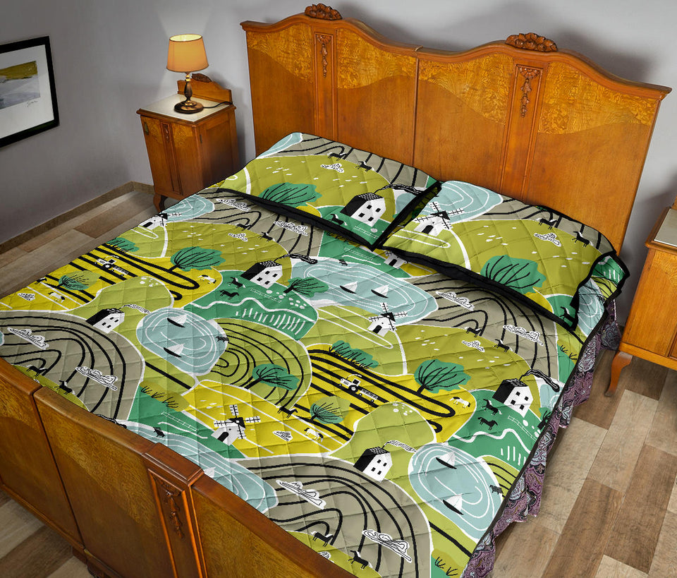 Hand drawn windmill pattern Quilt Bed Set