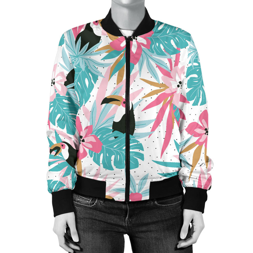 Toucan Tropical Flower Leave Pattern Women'S Bomber Jacket