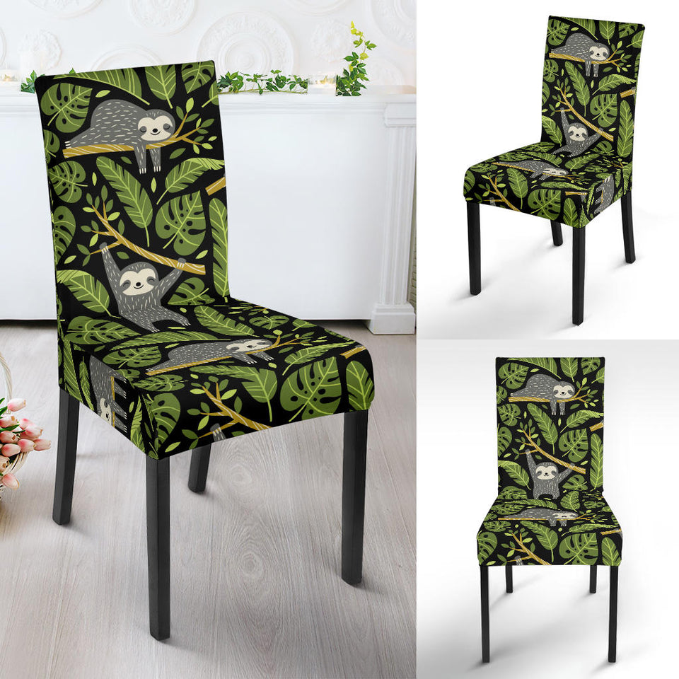 Cute Sloths Tropical Palm Leaves Black Background Dining Chair Slipcover