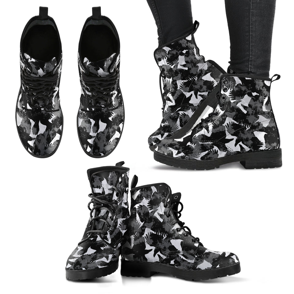Crow Illustration Pattern Leather Boots
