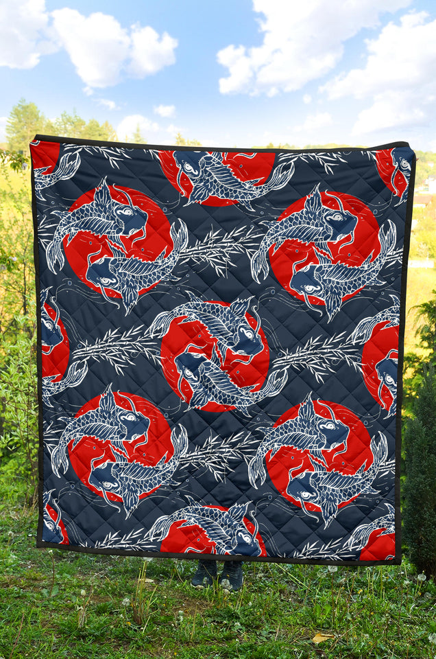 Koi Fish Carp Fishs Hand Drawn Japanese Art Premium Quilt